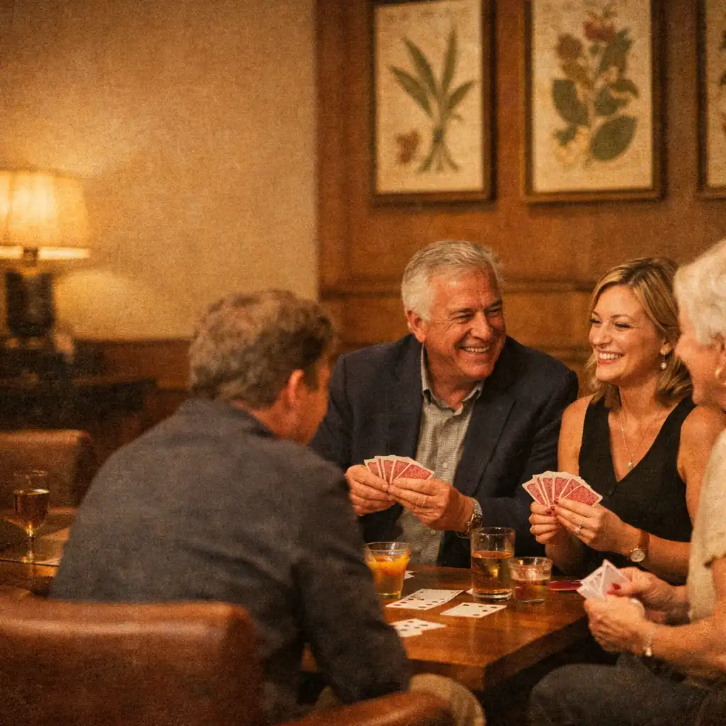 Guests in the card lounge, sharing a relaxed moment between hands