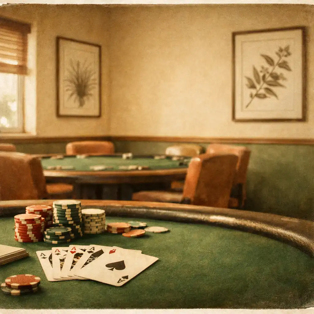 Warm interior of the card lounge at Poker Barn Karratha with dedicated poker tables, oat-colored walls, and botanical line drawings