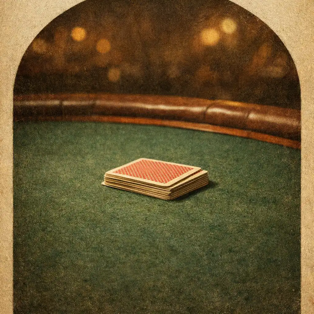 A dedicated poker table with real cards and a wooden rail in a warm, dimly lit room