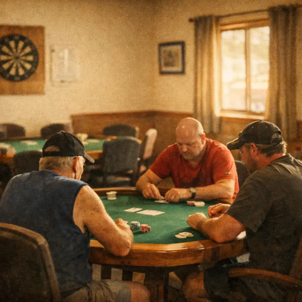 Warm interior of the Poker Barn Karratha poker room with wooden tables, green felt, and natural light