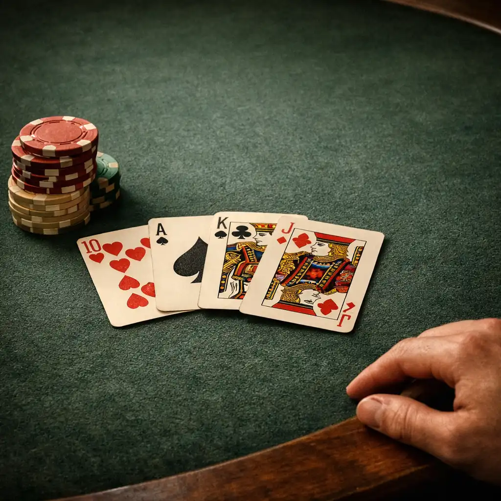 Close-up of a dedicated poker table with green felt, real playing cards, and poker chips