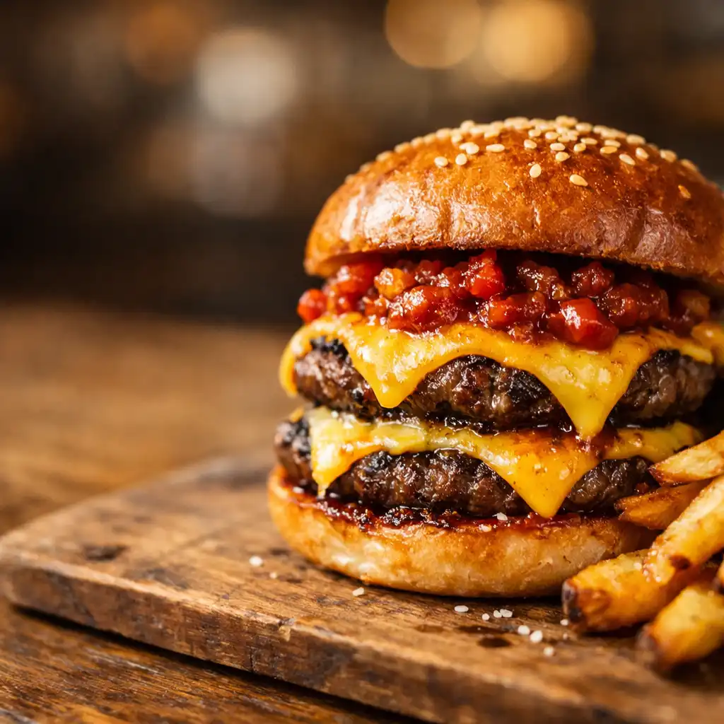 The Barn Burger: a double beef patty with aged cheddar, bush tomato relish, and hand-cut chips