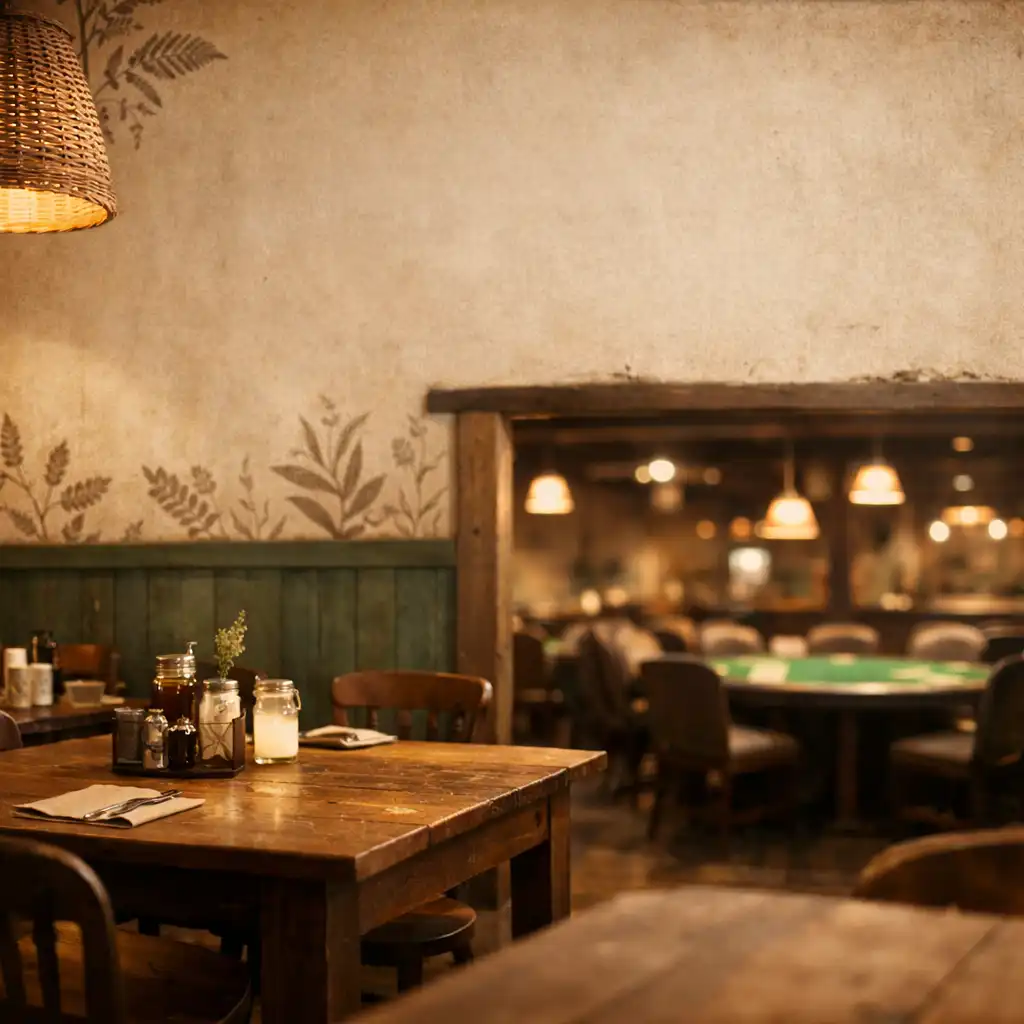 Warm dining room at Poker Barn Karratha with unbleached paper walls, forest-green accents, and a view toward the poker tables