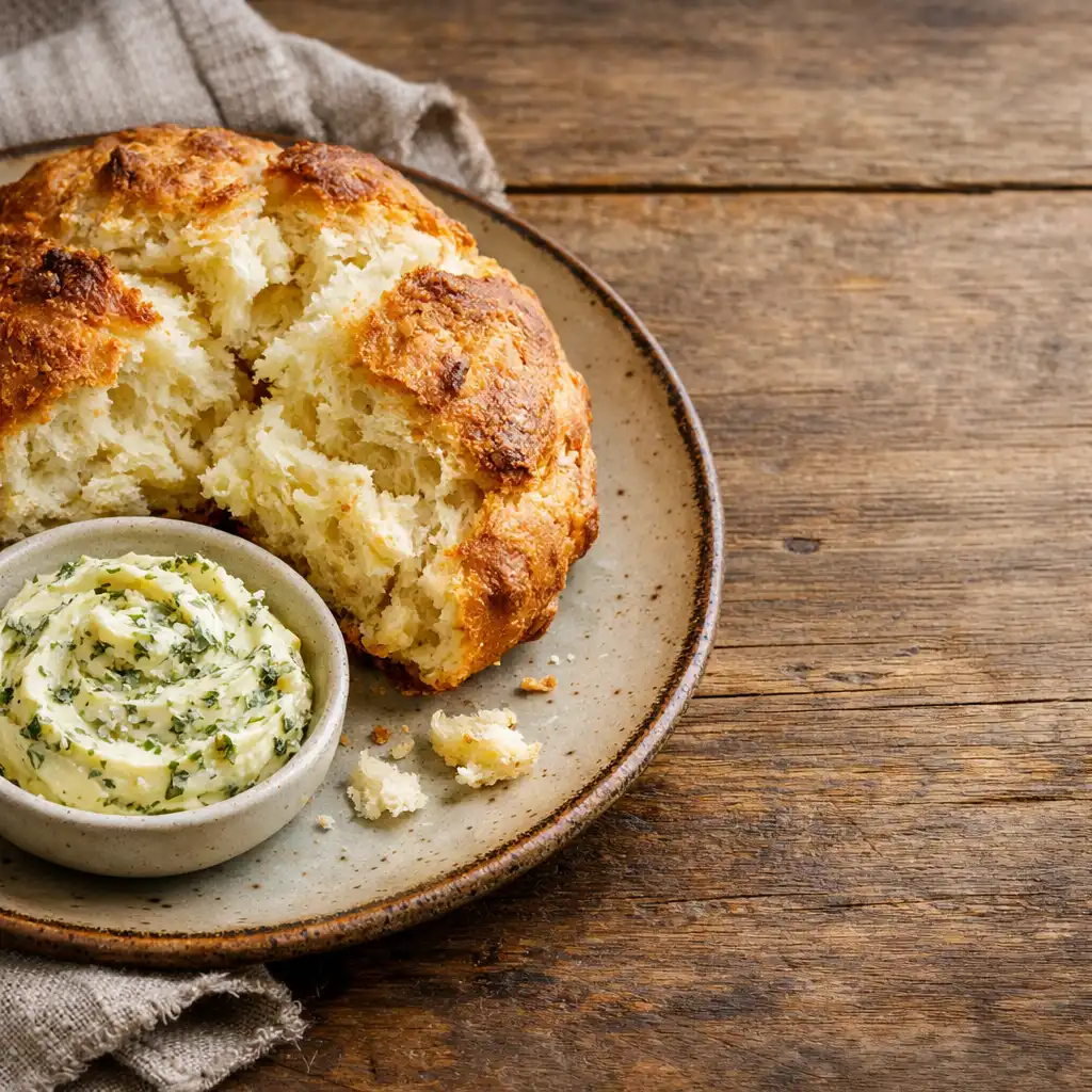Saltbush Damper: warm crusty damper with native herb butter and macadamia oil for dipping