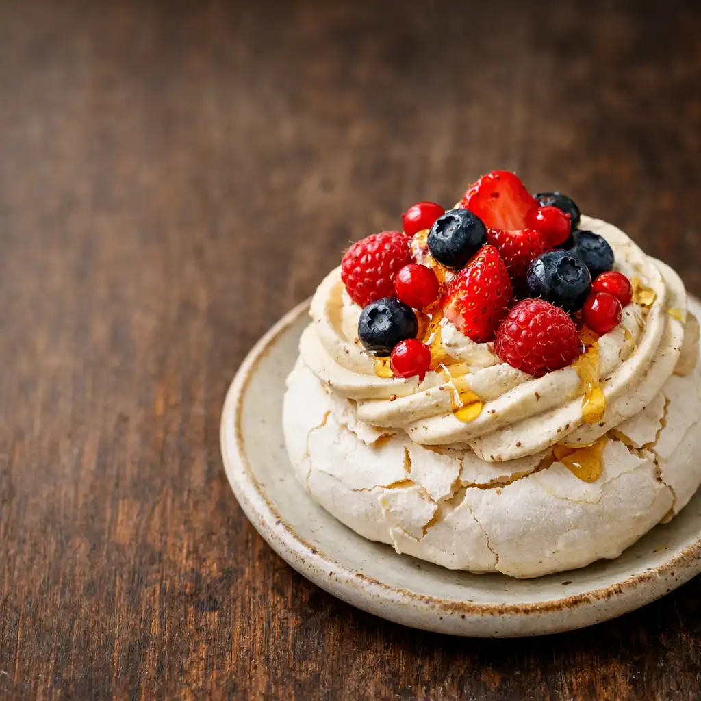Wattleseed Pavlova: crisp meringue with wattleseed cream, fresh berries, and native honey
