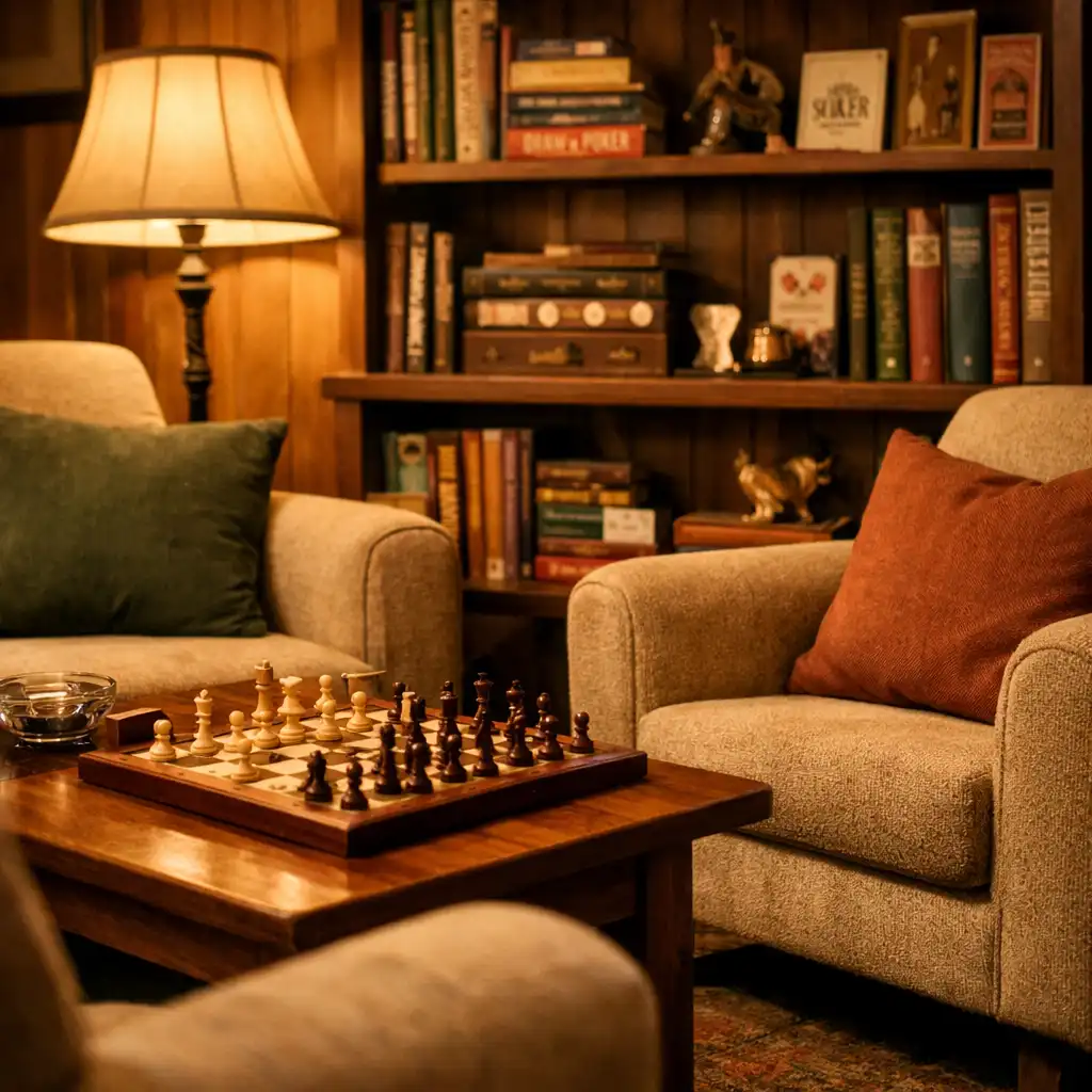Cozy card lounge with oat-colored armchairs, a small wooden table with a chess board, and a bookshelf of vintage poker books