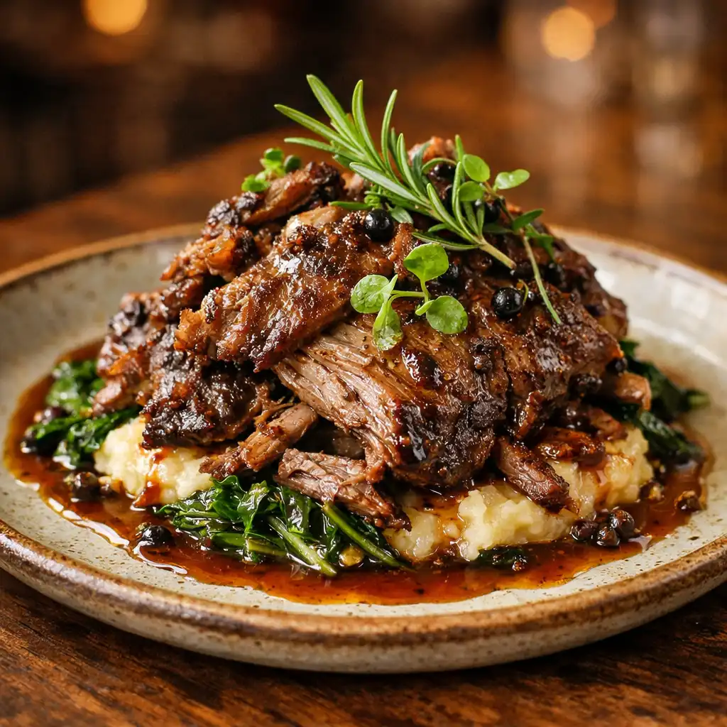 Slow-cooked lamb shoulder with rosemary and native pepper plated on a rustic ceramic dish