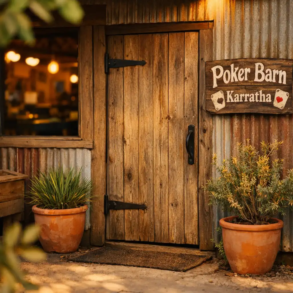 Warm late-afternoon light falling across the wooden entrance of Poker Barn Karratha, with native plants in terracotta pots beside the door