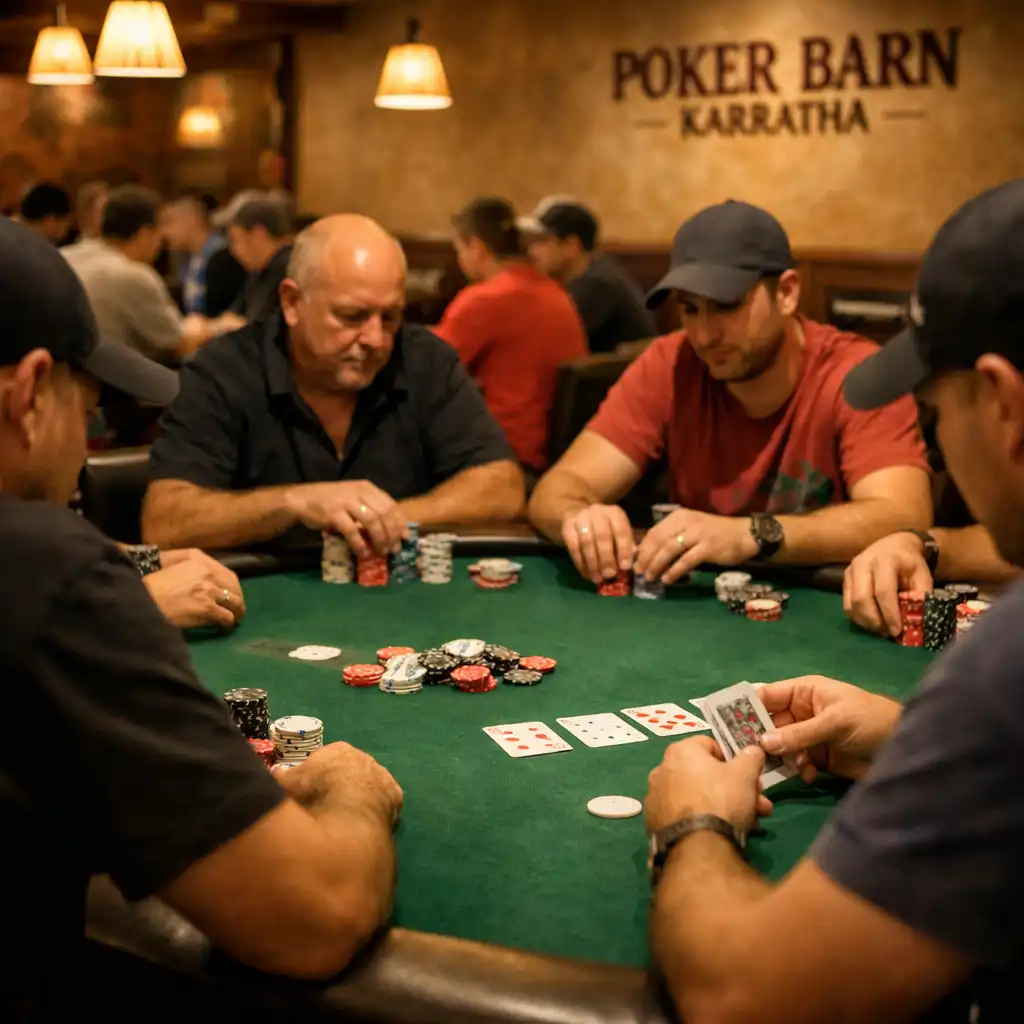 Players seated at a dedicated poker table with green felt, warmly lit by pendant lights in the poker room